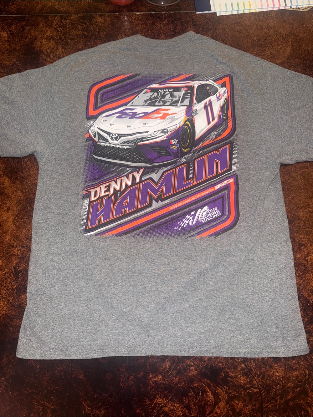 Nascar Denny Hamlin Gray Tee with Purple & Orange Racing Graphic